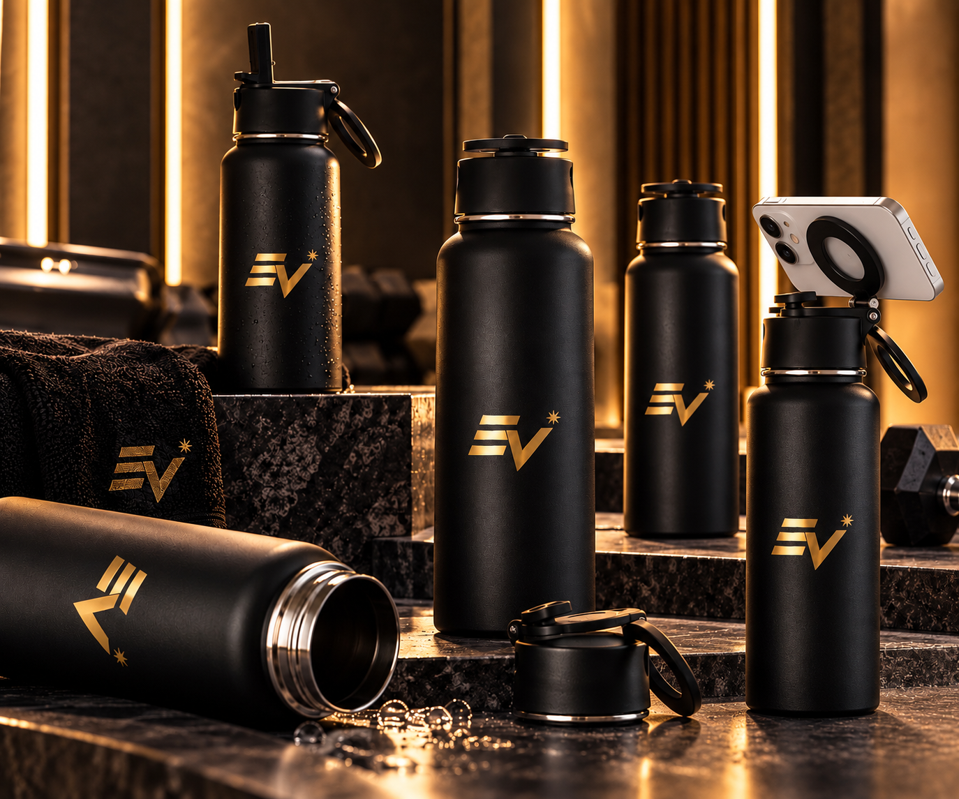 Gamme de gourdes EV noires au logo doré, avec support MagSafe